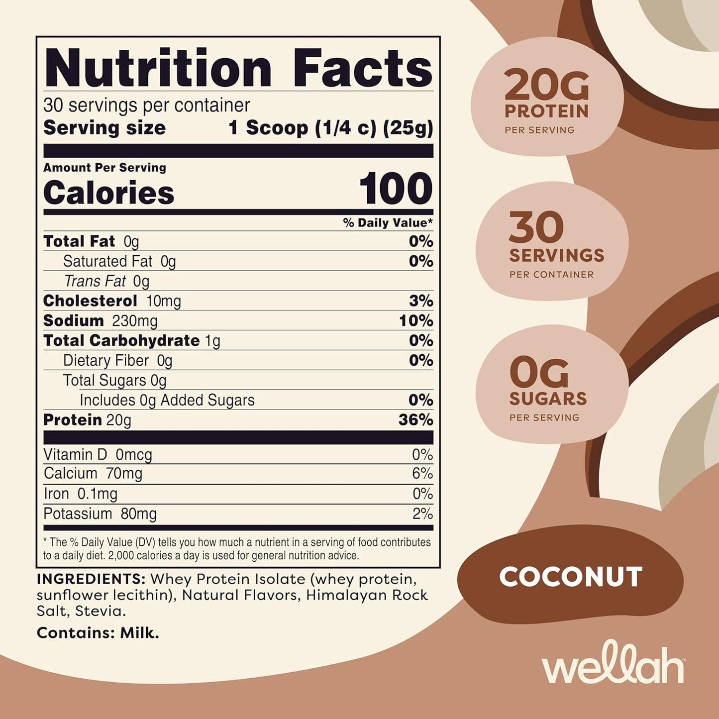 30 Servings of Coconut Flavored Wellah Protein Whey Isolate - High-Quality Protein Powder