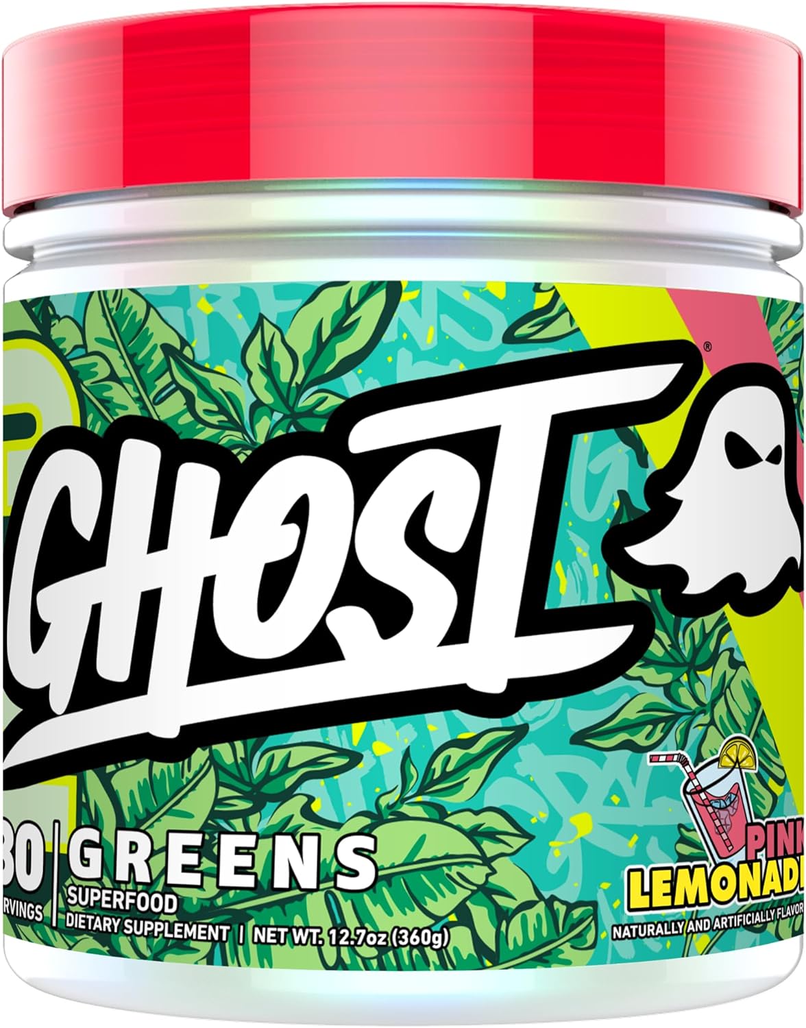 30 Servings of GHOST Greens Powder in Pink Lemonade Flavor with 19 Superfood Greens & Reds, Fruits, Vegetables, Spirulina, Chlorella, Prebiotics, 10 Billion CFU Probiotic & Digestive Enzymes - Gluten-Free