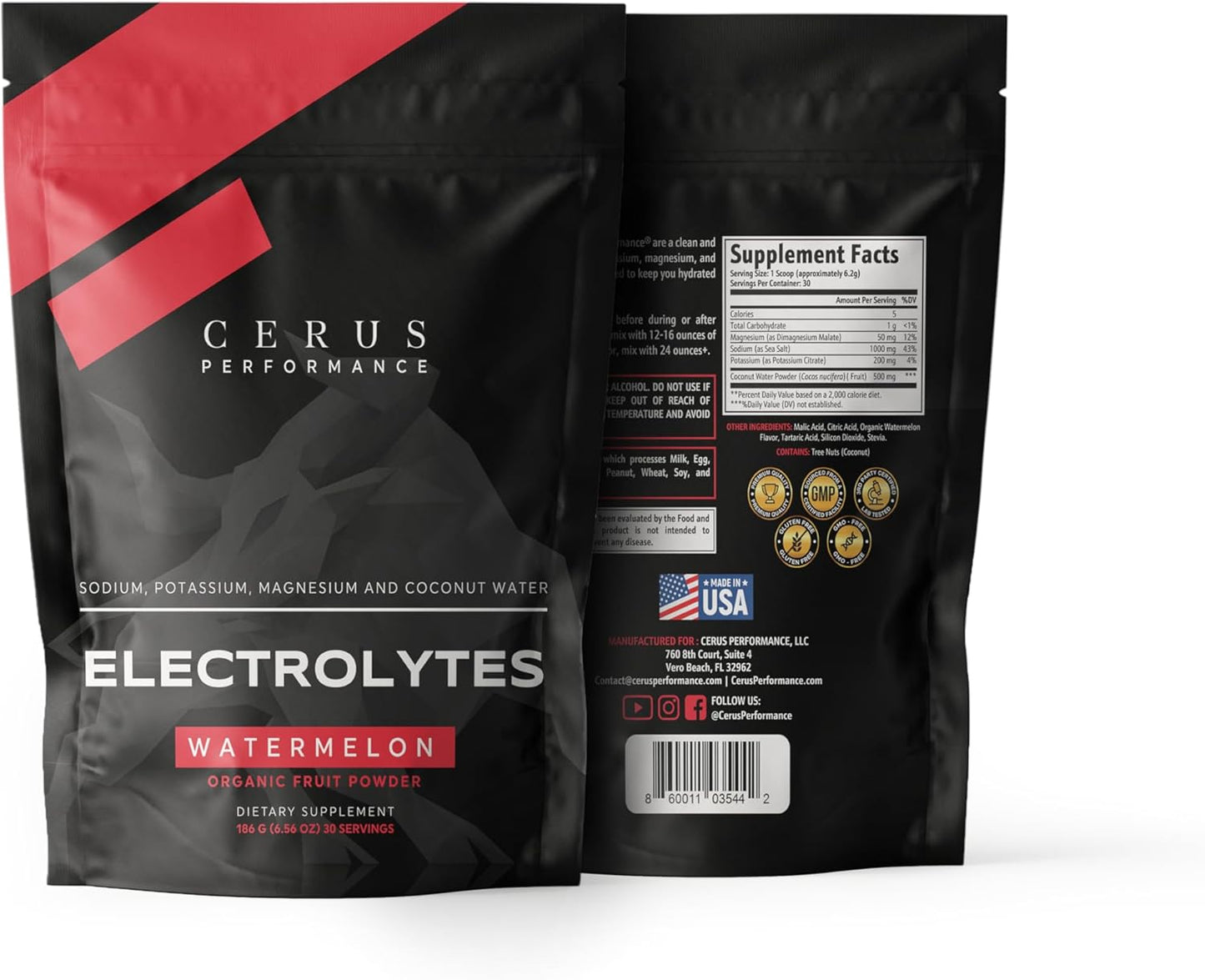 30 Servings of Watermelon Flavored Cerus Performance Electrolyte Powder with Coconut Water & Real Fruit for Endurance & Recovery - Zero Sugar