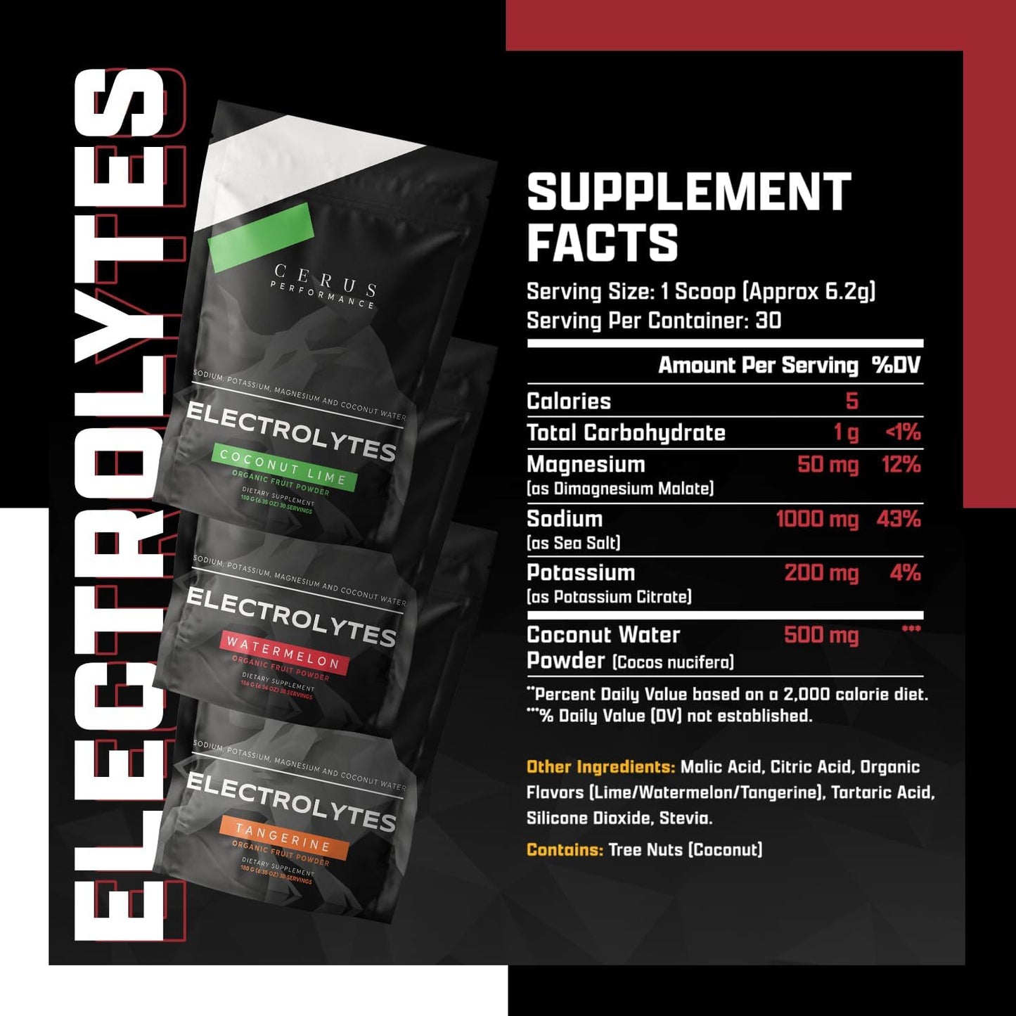 30 Servings of Watermelon Flavored Cerus Performance Electrolyte Powder with Coconut Water & Real Fruit for Endurance & Recovery - Zero Sugar