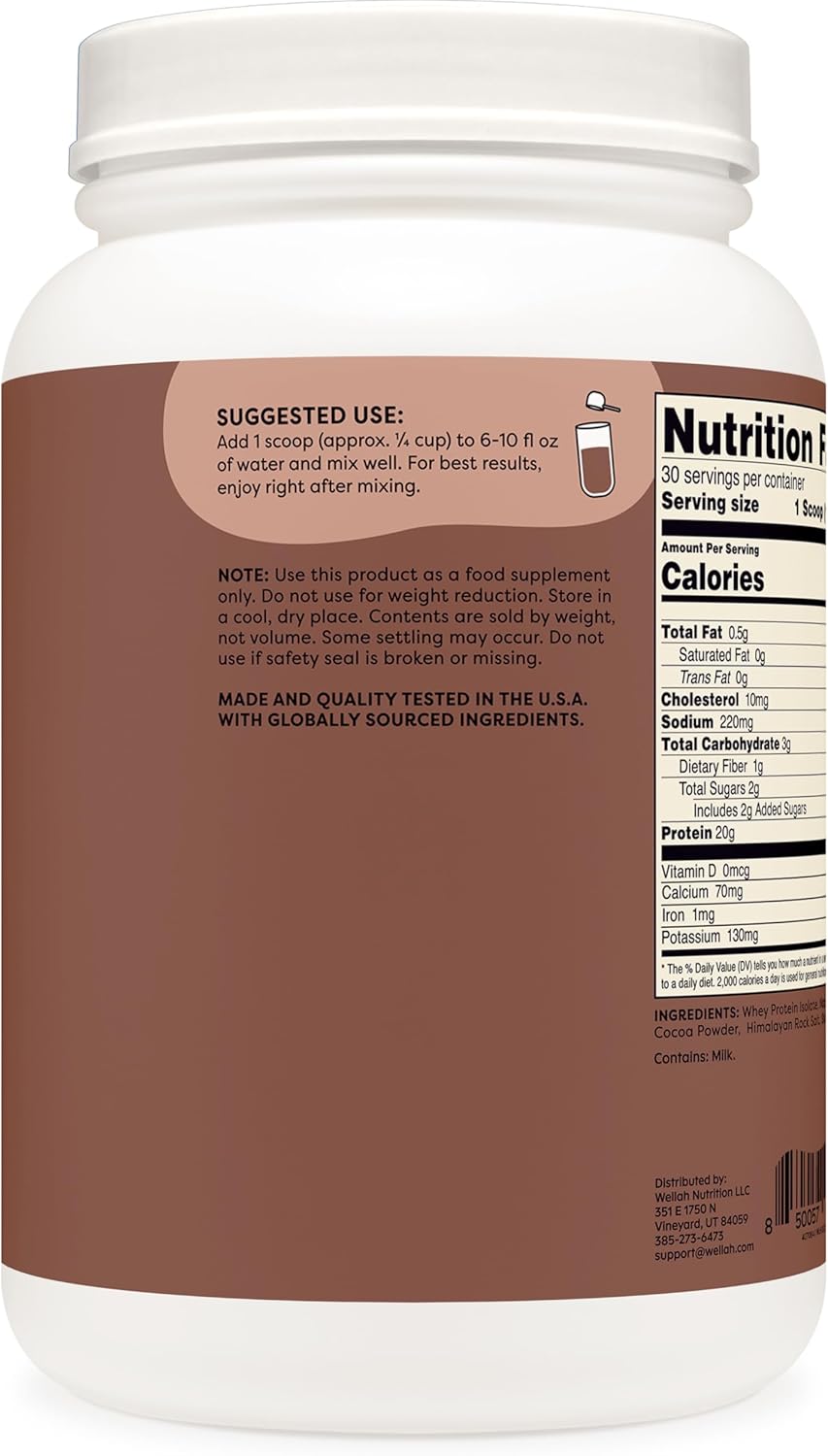 30 Servings of Wellah Whey Protein Isolate in Delicious Milk Chocolate Flavor
