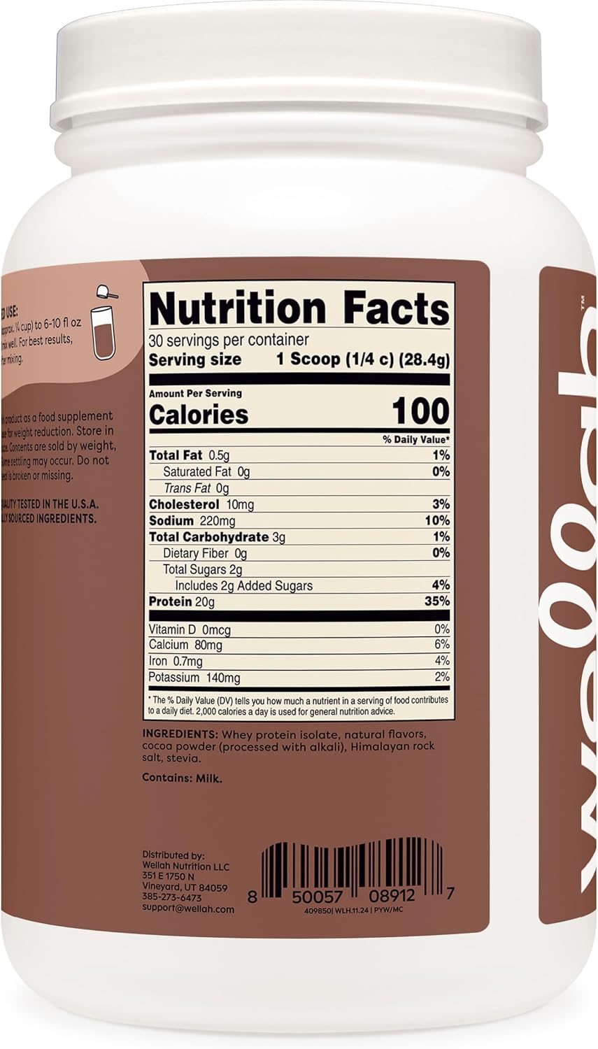 30 Servings of Wellah Whey Protein Isolate in Delicious Milk Chocolate Flavor