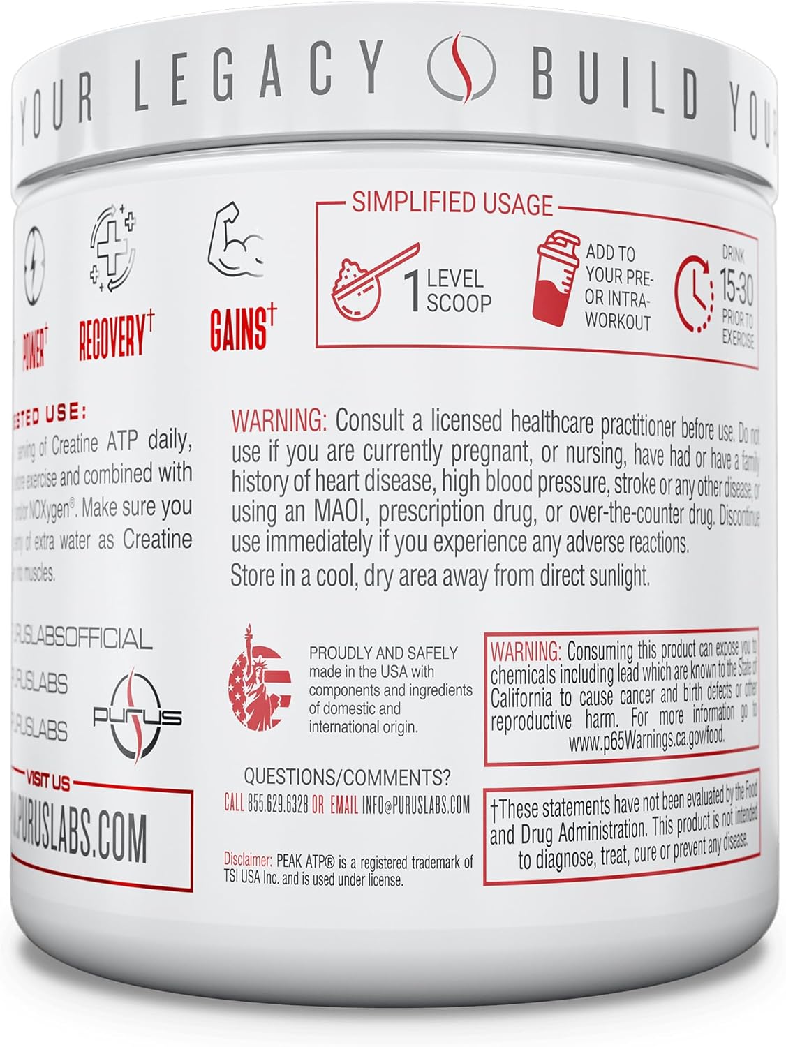 30 Servings Purus Labs Creatine ATP with Peak ATP and Creatine Monohydrate for Muscle Activation and Cellular Energy - Unflavored