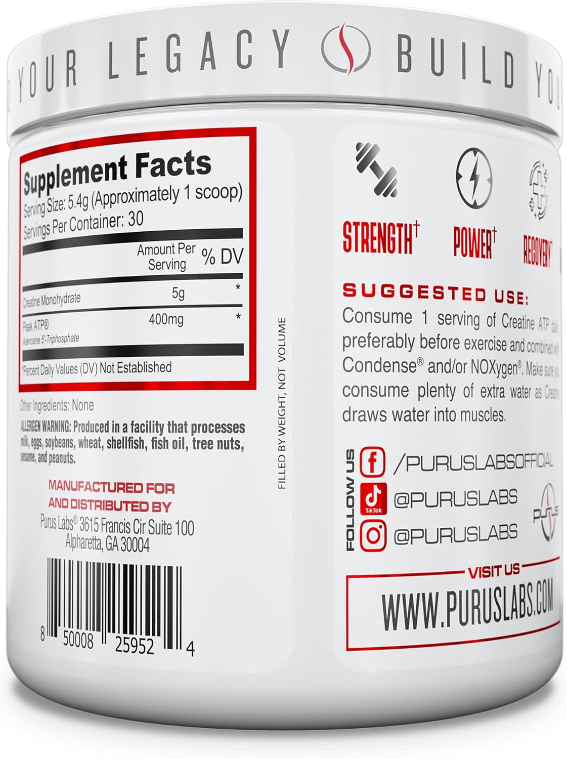 30 Servings Purus Labs Creatine ATP with Peak ATP and Creatine Monohydrate for Muscle Activation and Cellular Energy - Unflavored
