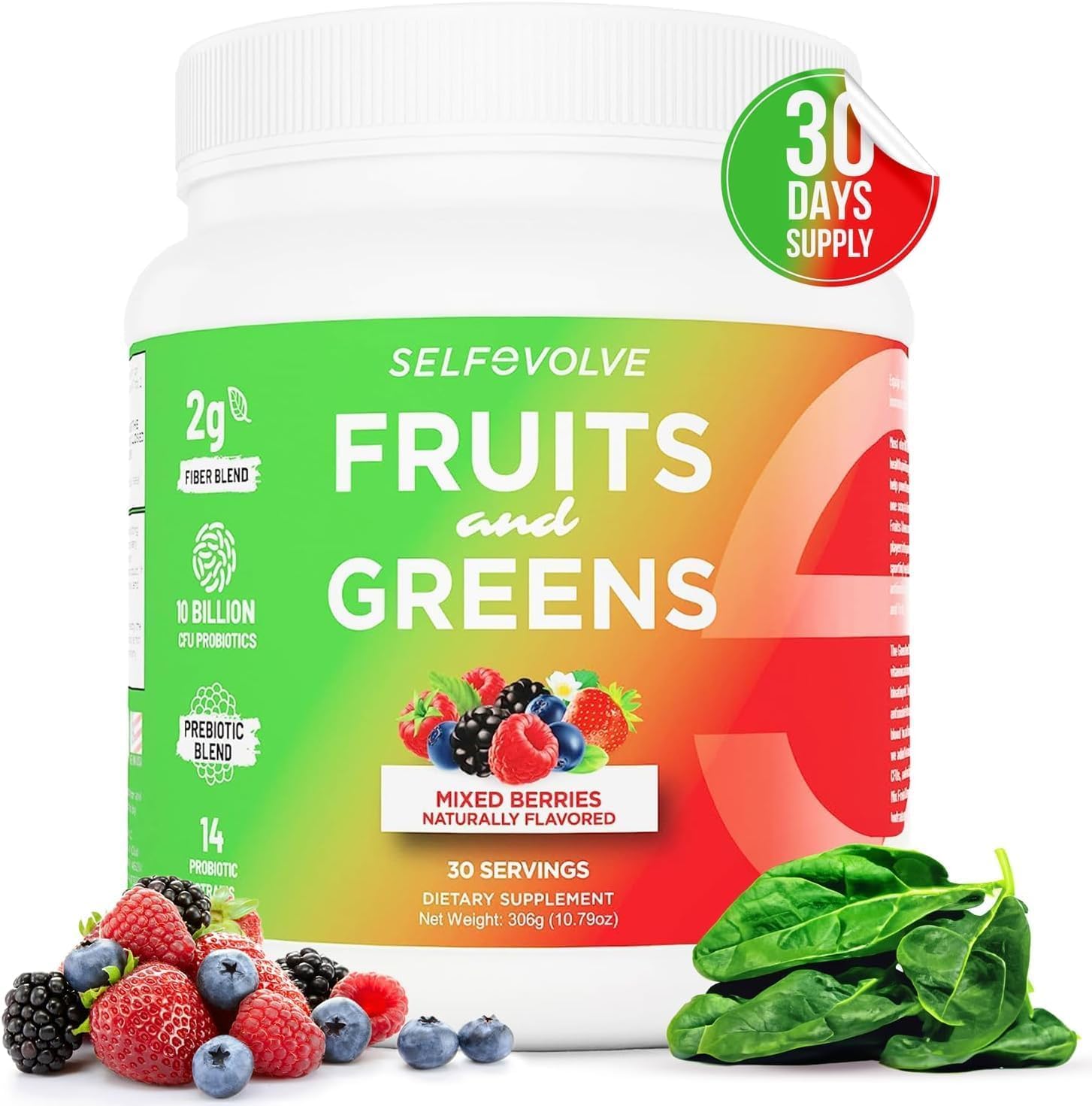 30 Servings Selfevolve Organic Probiotic Powder with Fruits and Greens for Men and Women - Vegan, 10 Billion CFUs, Spirulina, Kale, Spinach, Chlorella, Elderberry, Digestive Enzymes
