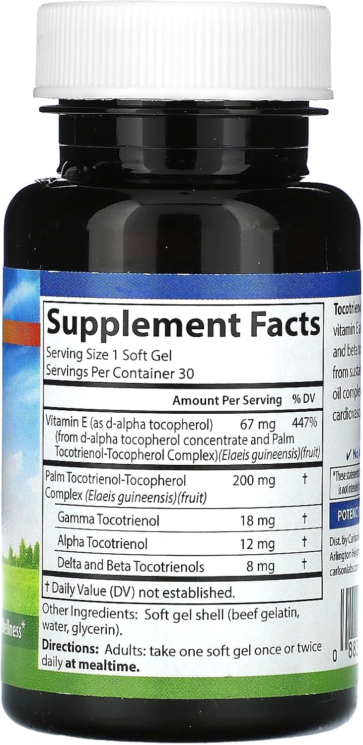 30 Softgels of Carlson Labs Tocotrienols with Natural Vitamin E - Antioxidant Supplement for Overall Health