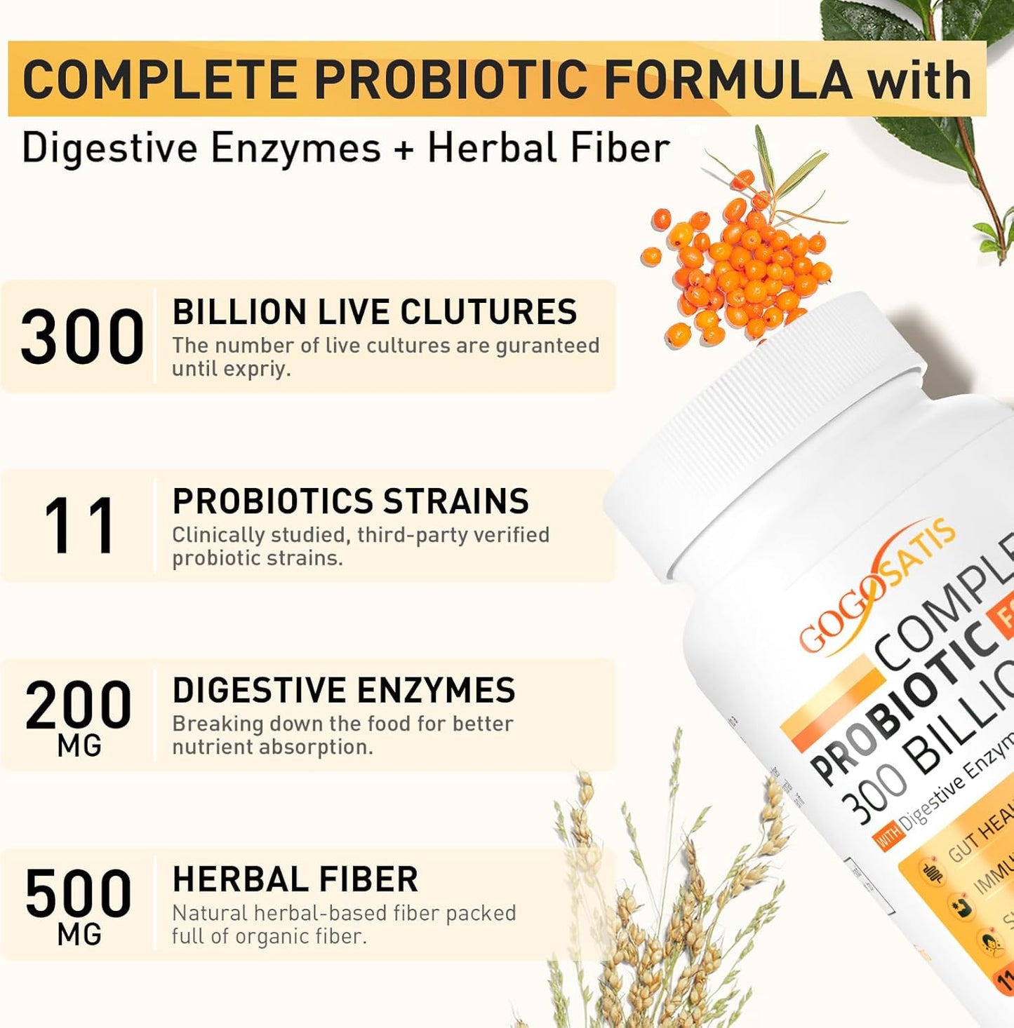 300 Billion CFU Probiotic Supplement with 11 Strains & Digestive Enzymes - Women & Men's Gut Health, Immune Support, Gas & Bloating Relief - 240 Capsules