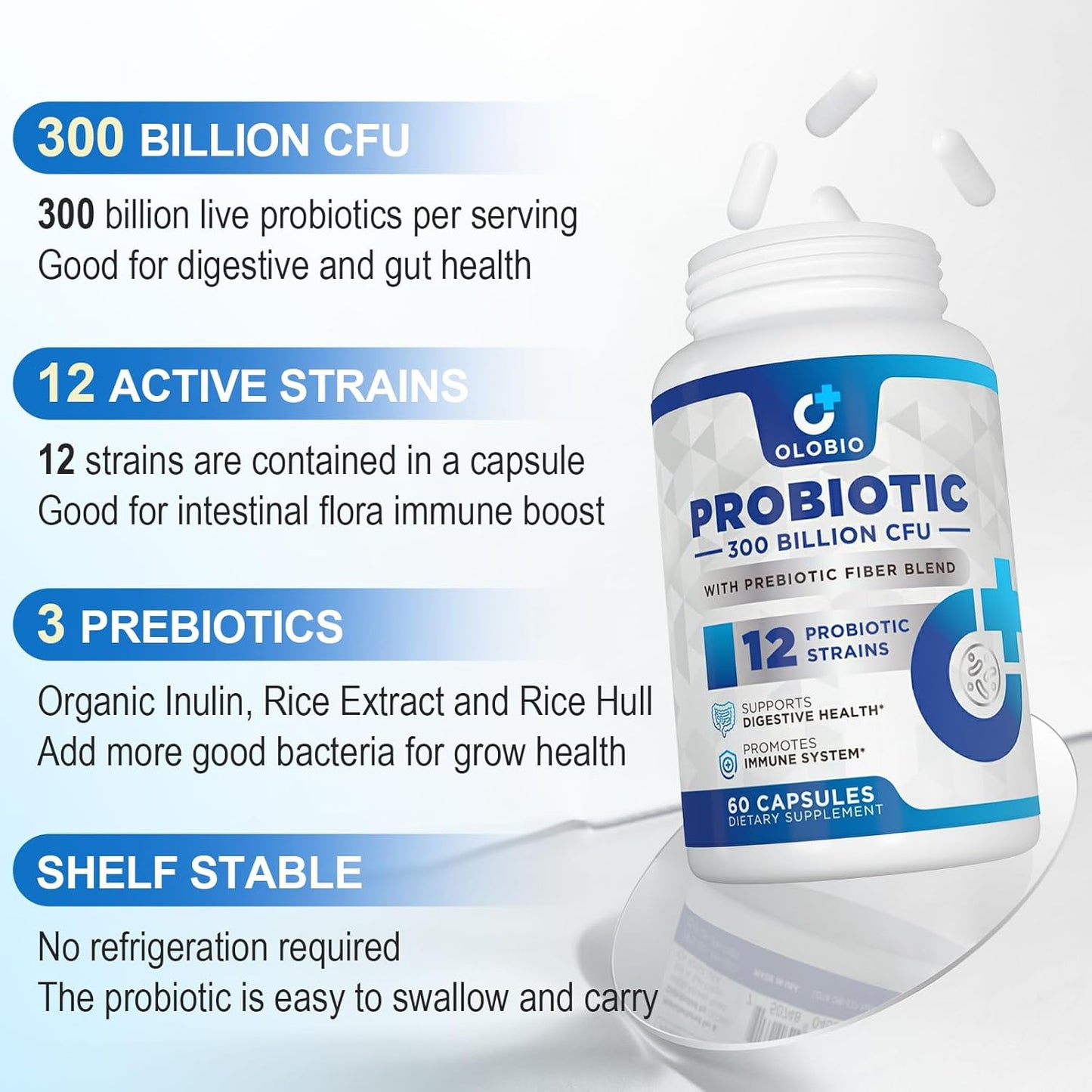 300 Billion CFU Probiotic with 12 Strains & Organic Prebiotics - Daily Digestive & Immune Health Supplement for Women & Men - Vegan, Shelf Stable - 60 Count