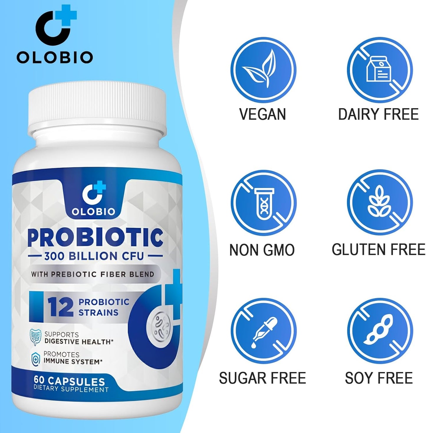 300 Billion CFU Probiotic with 12 Strains & Organic Prebiotics - Daily Digestive & Immune Health Supplement for Women & Men - Vegan, Shelf Stable - 60 Count