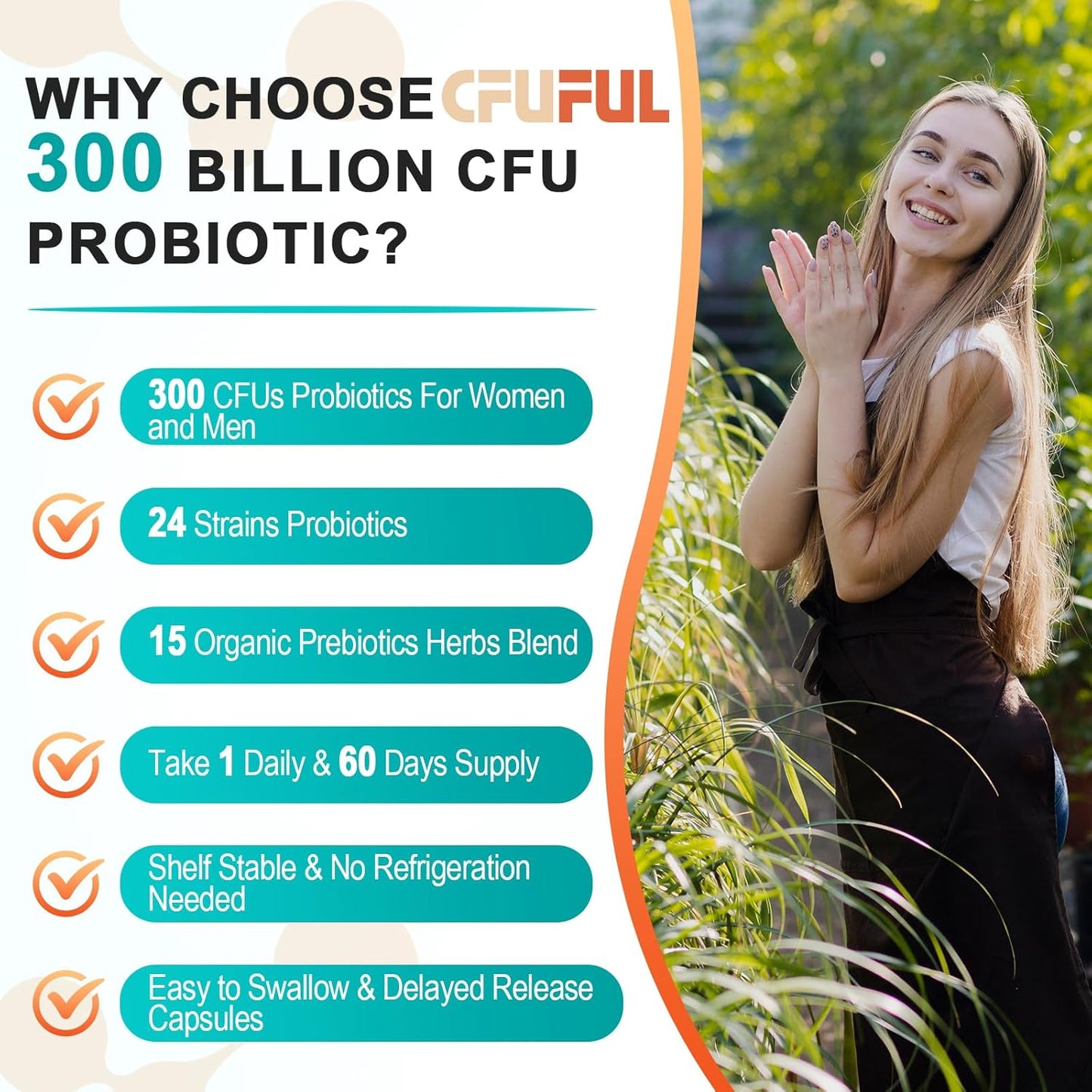 300 Billion CFU Probiotics for Digestive Health - 24 Strains + 15 Organic Herbs Prebiotics, Gut & Immune Support - 2 Month Supply for Women & Men