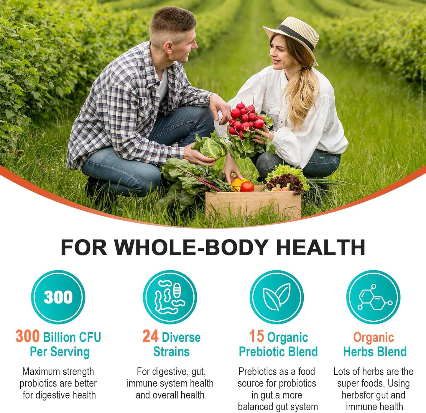 300 Billion CFU Probiotics for Digestive Health - 24 Strains + 15 Organic Herbs Prebiotics, Gut & Immune Support - 2 Month Supply for Women & Men