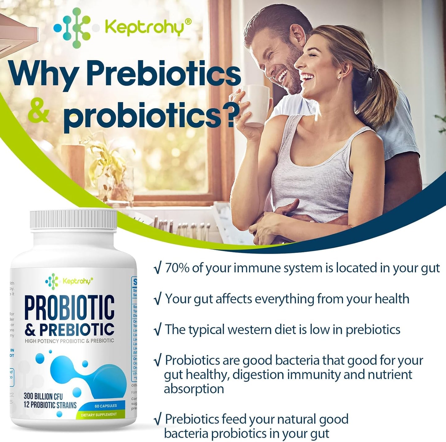 300 Billion CFU Probiotics for Gut Health - Organic Prebiotics Blend, 12 Strains Probiotic Supplement for Women and Men - 60 Capsules