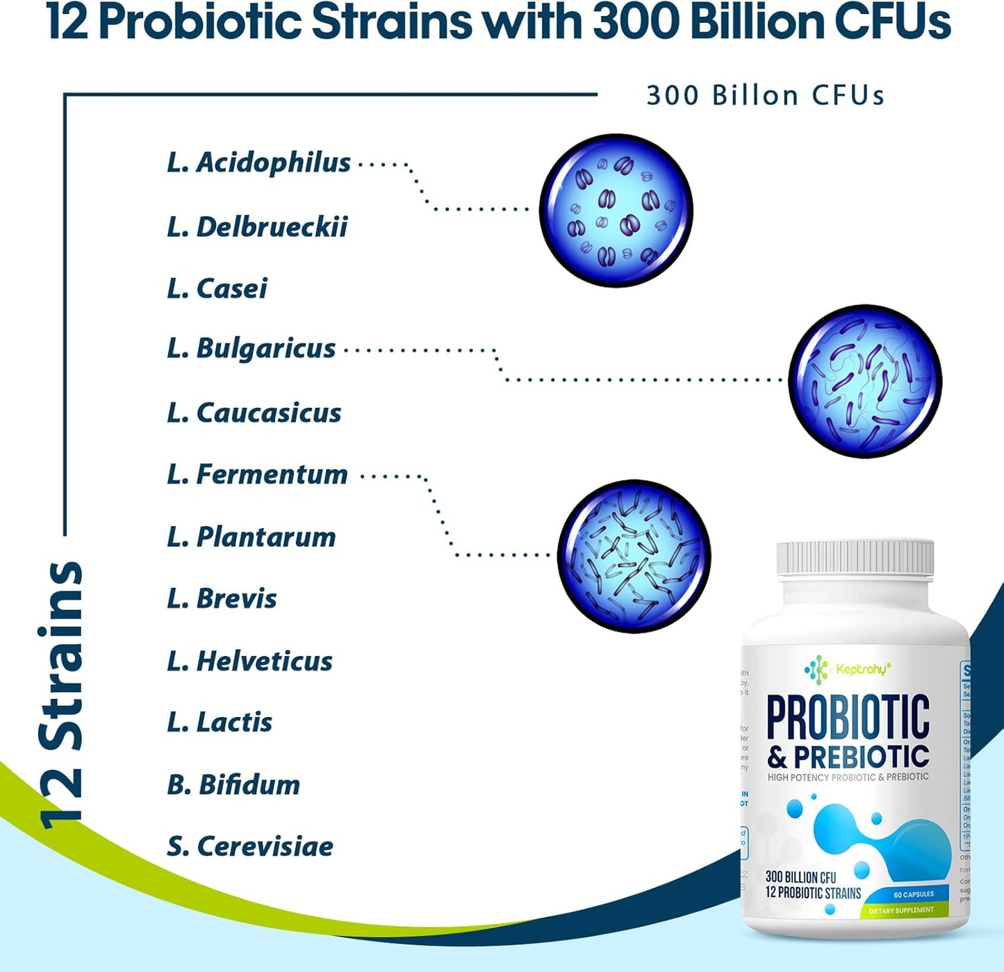 300 Billion CFU Probiotics for Gut Health - Organic Prebiotics Blend, 12 Strains Probiotic Supplement for Women and Men - 60 Capsules