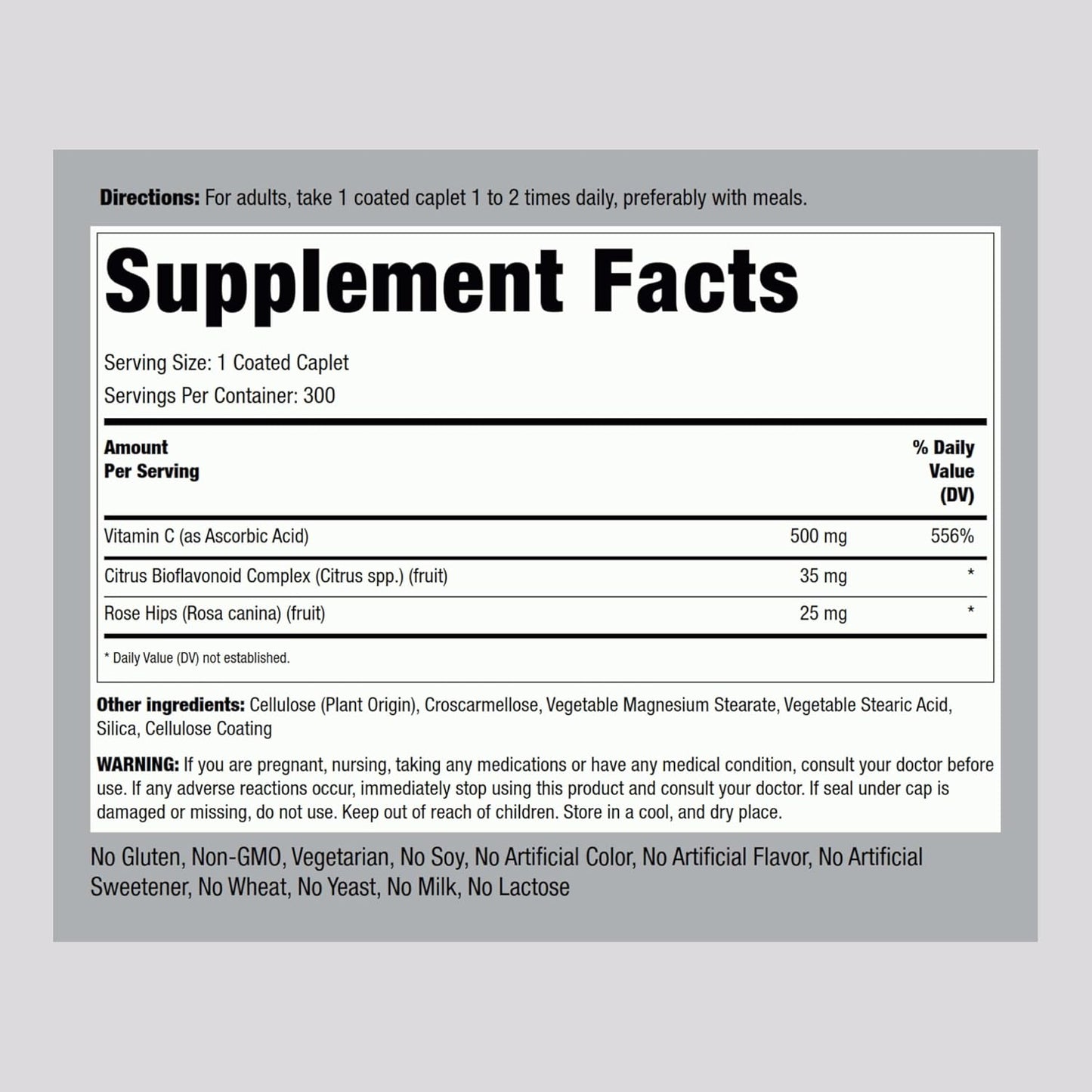 300 Caplets Piping Rock Vitamin C 500mg with Bioflavonoids & Rose HIPS - Vegetarian, Non-GMO, Gluten Free