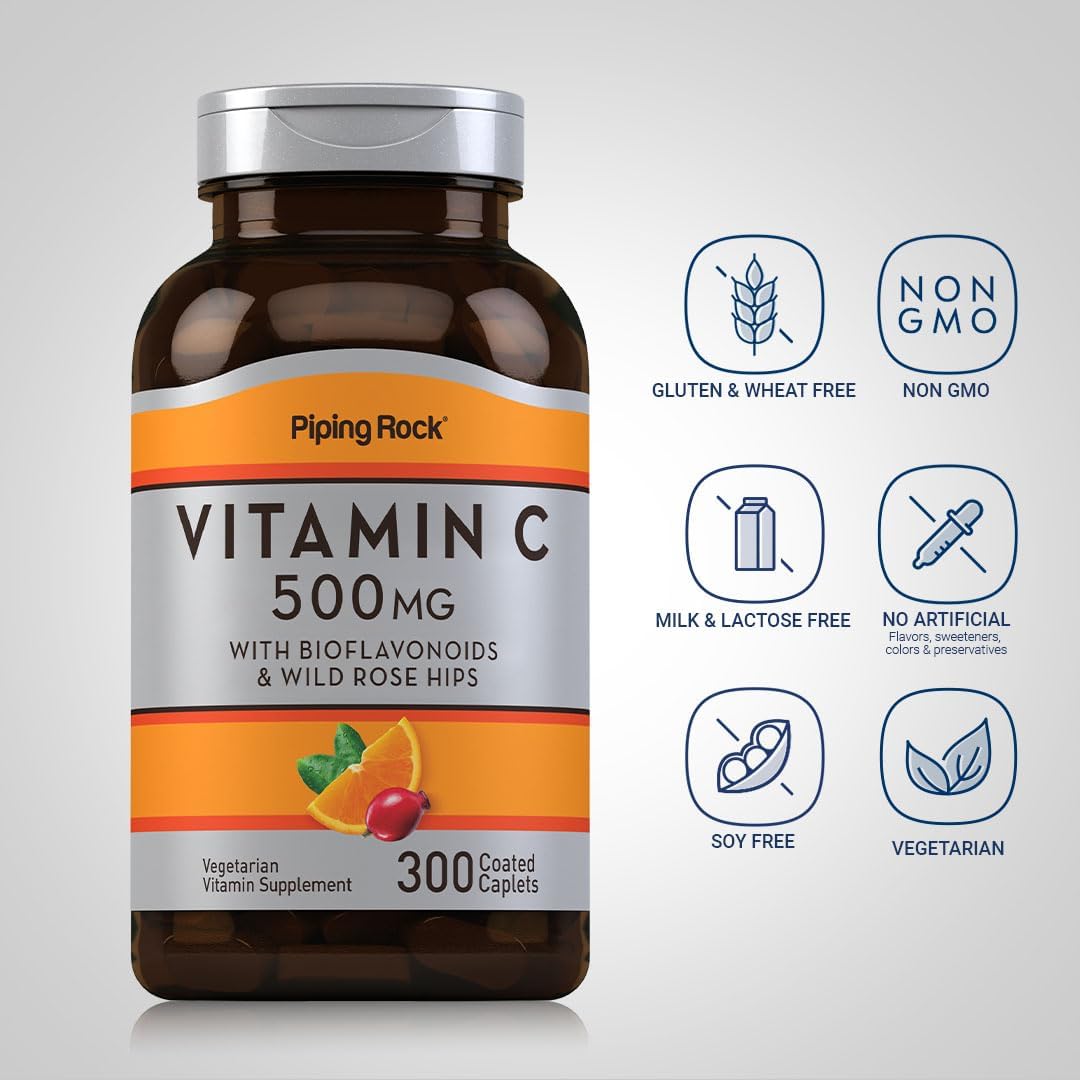300 Caplets Piping Rock Vitamin C 500mg with Bioflavonoids & Rose HIPS - Vegetarian, Non-GMO, Gluten Free