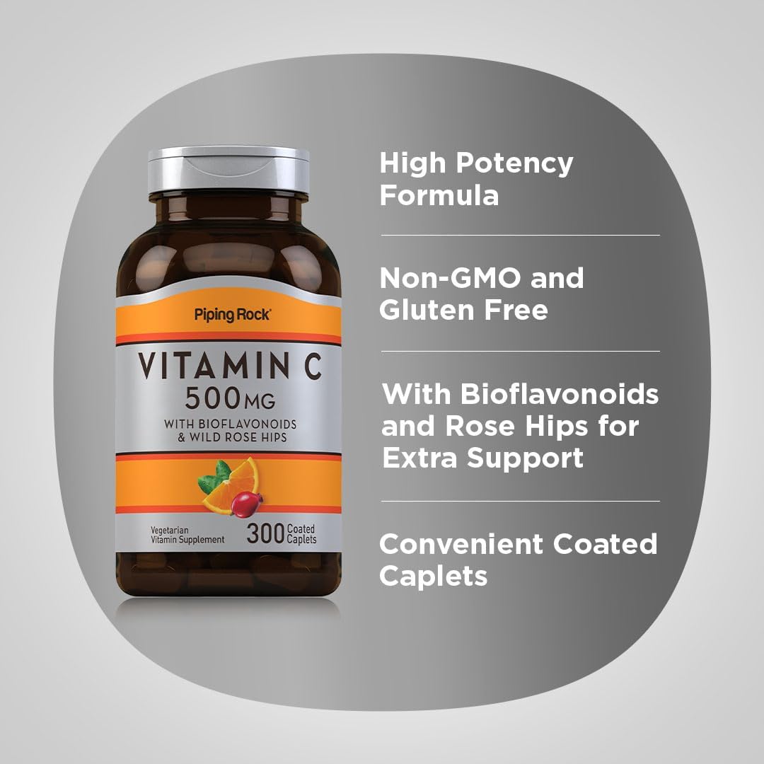 300 Caplets Piping Rock Vitamin C 500mg with Bioflavonoids & Rose HIPS - Vegetarian, Non-GMO, Gluten Free