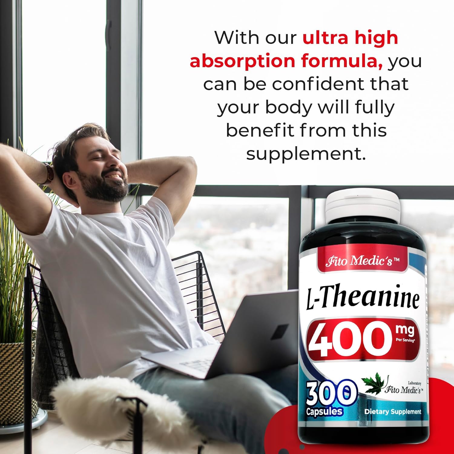 300 Capsules of FITO MEDIC'S Lab L-Theanine Extract - 400mg Concentrate Supplement for Ultra High Absorption