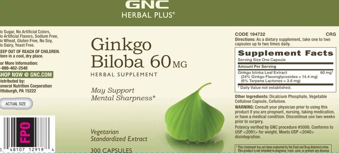 300 Capsules of GNC Herbal Plus Ginkgo Biloba 60 MG for Mental Sharpness