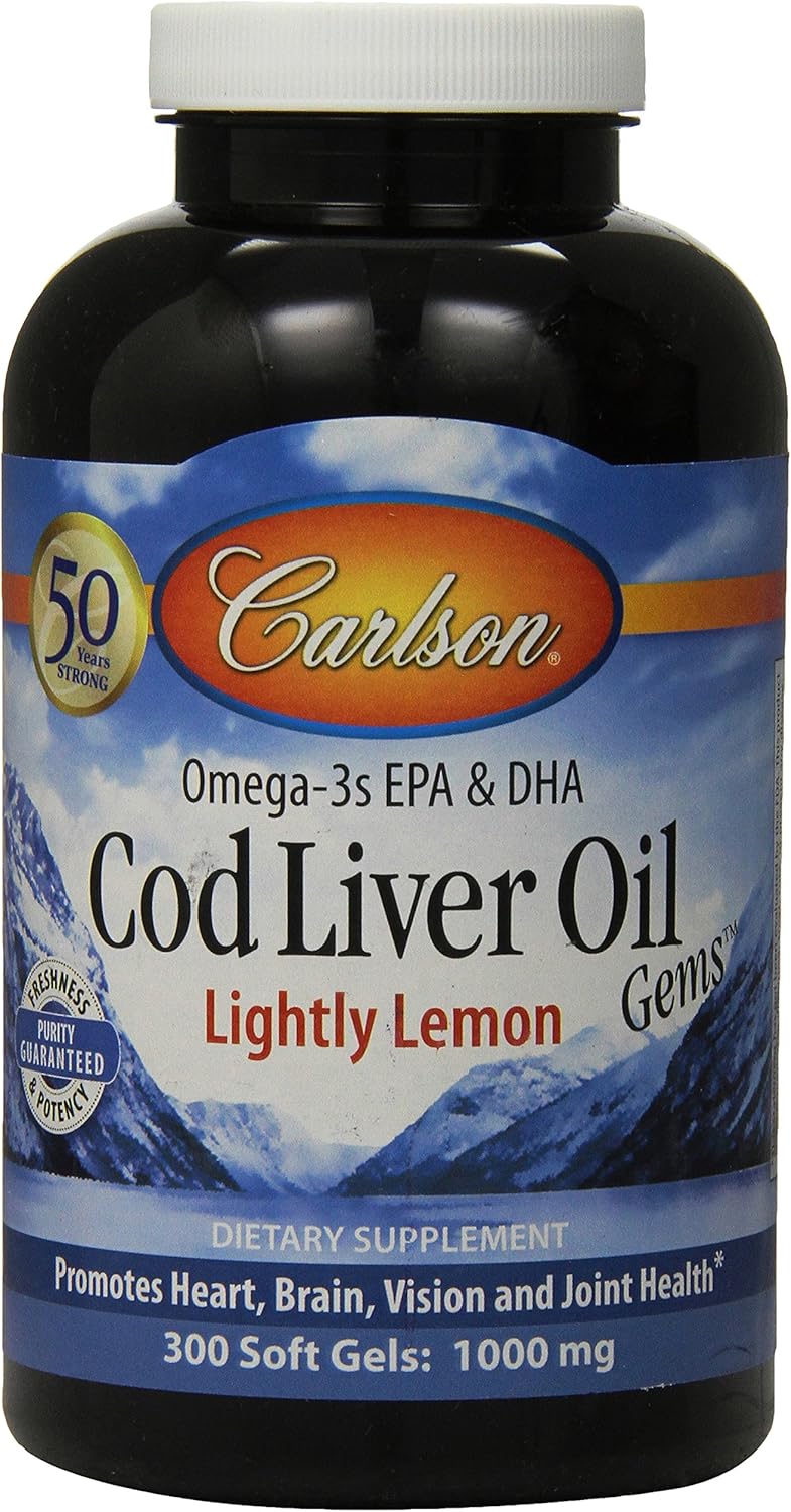 300 Count Carlson Lemon Flavor Cod Liver Oil Softgels, 1000 mg Omega-3 Supplement