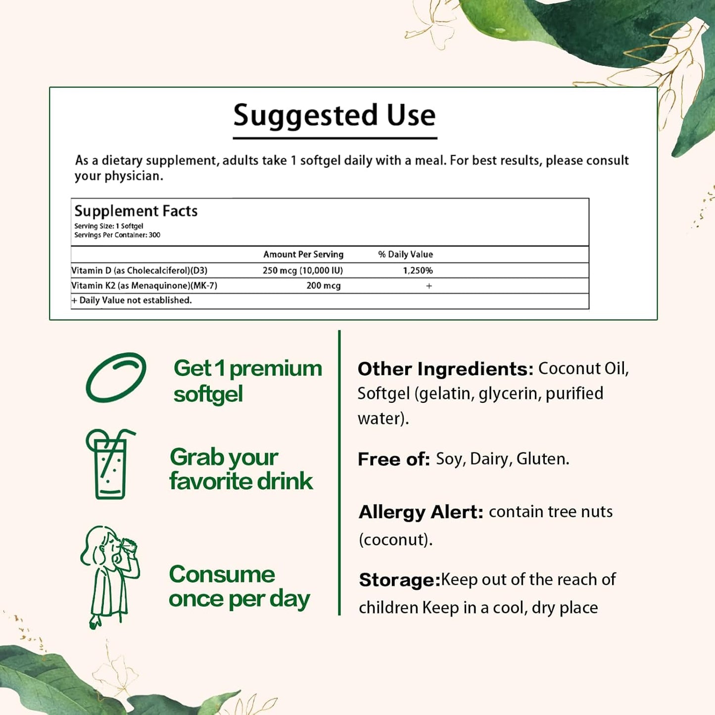 300 Count Civavo Vitamin D3 K2 Softgel Supplement for Calcium Absorption - 10000 IU VIT D3 + 200 MCG Vitamin K2, Non-GMO & Gluten-Free - BoostGo Australia