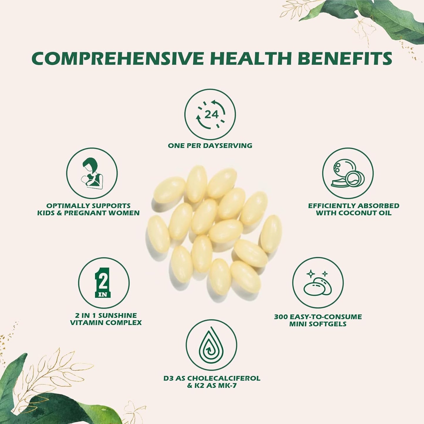 300 Count Civavo Vitamin D3 K2 Softgel Supplement for Calcium Absorption - 10000 IU VIT D3 + 200 MCG Vitamin K2, Non-GMO & Gluten-Free - BoostGo Australia