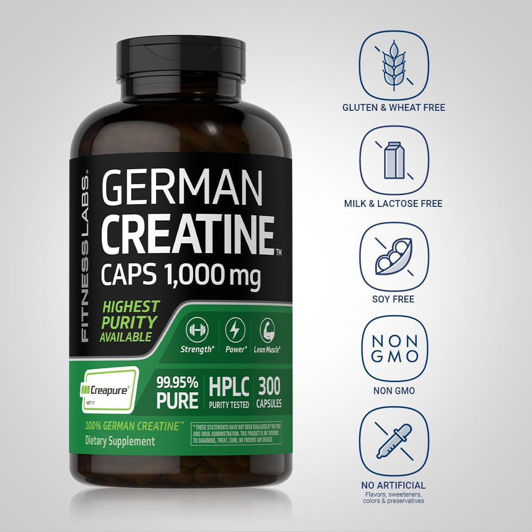 300 Count Fitness Labs German Creatine Capsules 1000mg Monohydrate Supplement | Non-GMO, Gluten Free