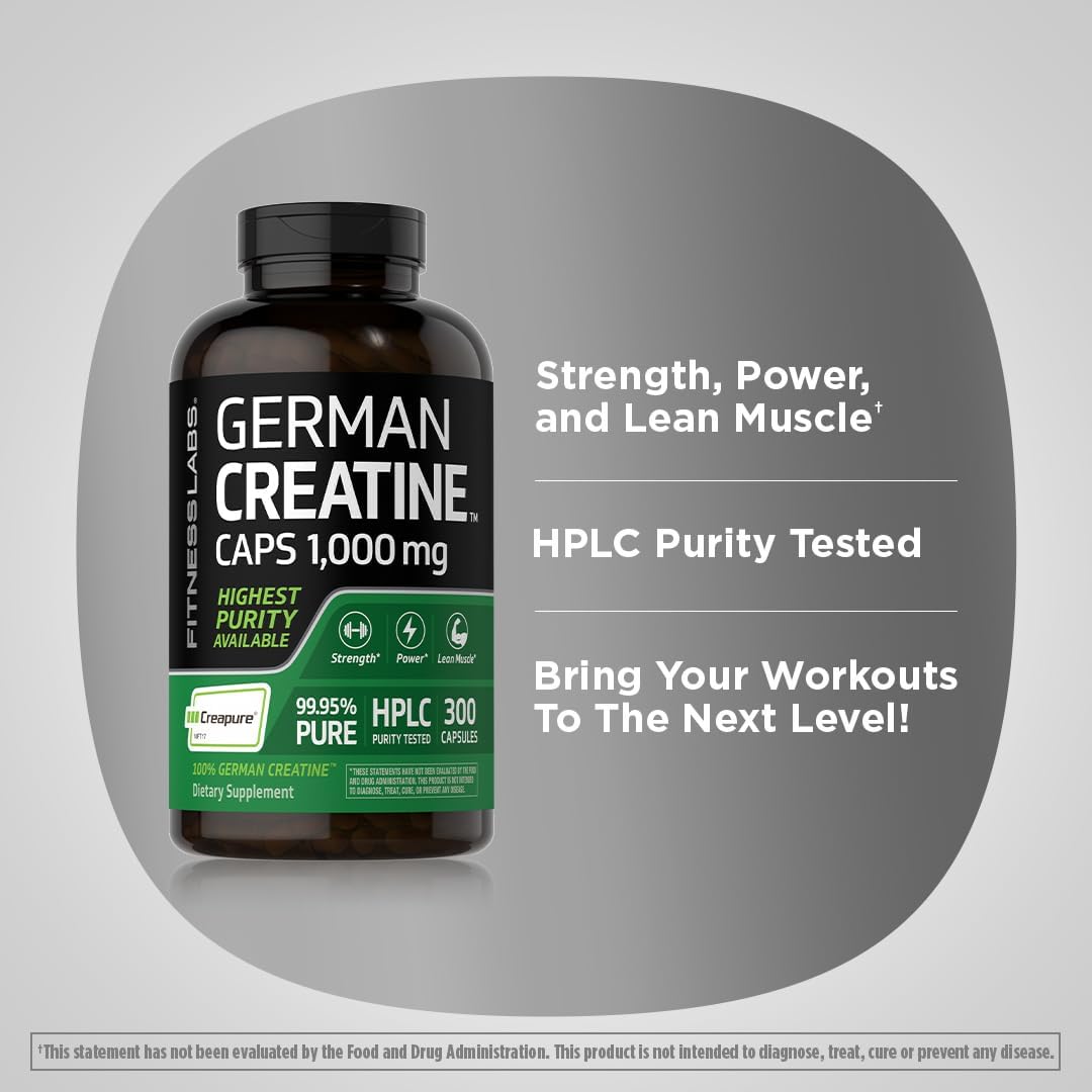 300 Count Fitness Labs German Creatine Capsules 1000mg Monohydrate Supplement | Non-GMO, Gluten Free