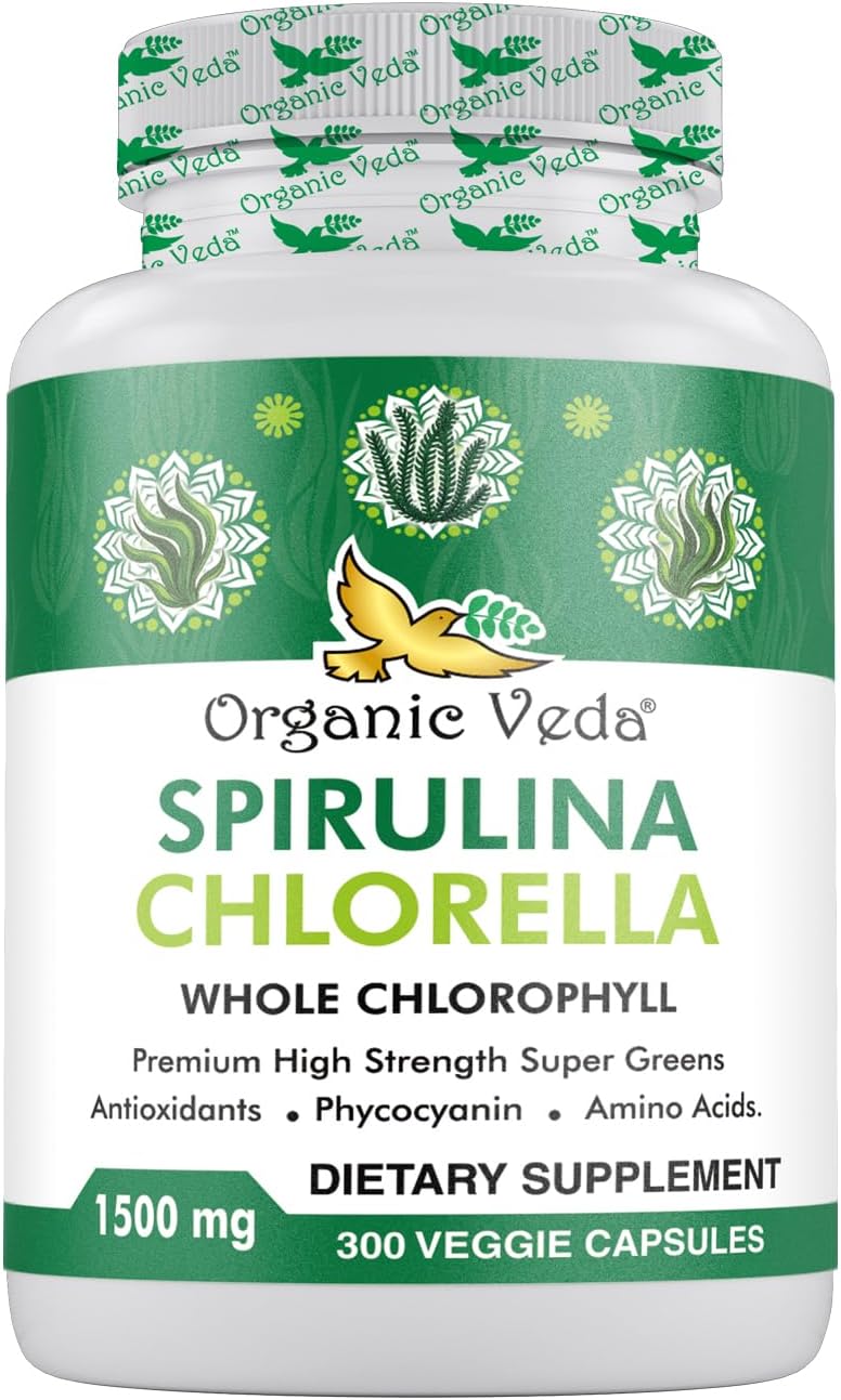 300 Count Organic Veda Spirulina & Chlorella Capsules - 1500mg Super Green Antioxidants for Immunity & Energy Boost - Rich in Phycocyanin & Amino Acids - Digestion Support