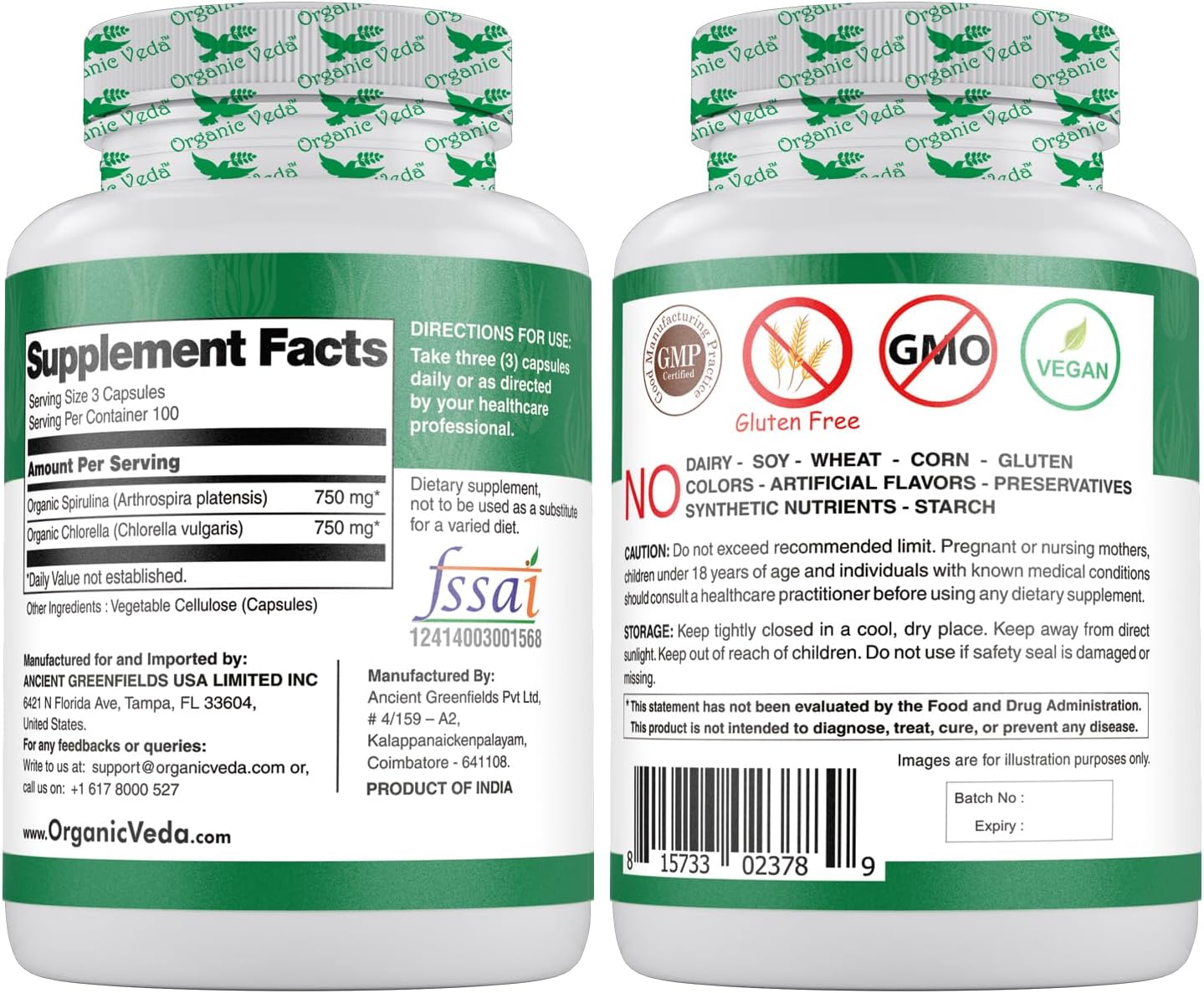 300 Count Organic Veda Spirulina & Chlorella Capsules - 1500mg Super Green Antioxidants for Immunity & Energy Boost - Rich in Phycocyanin & Amino Acids - Digestion Support