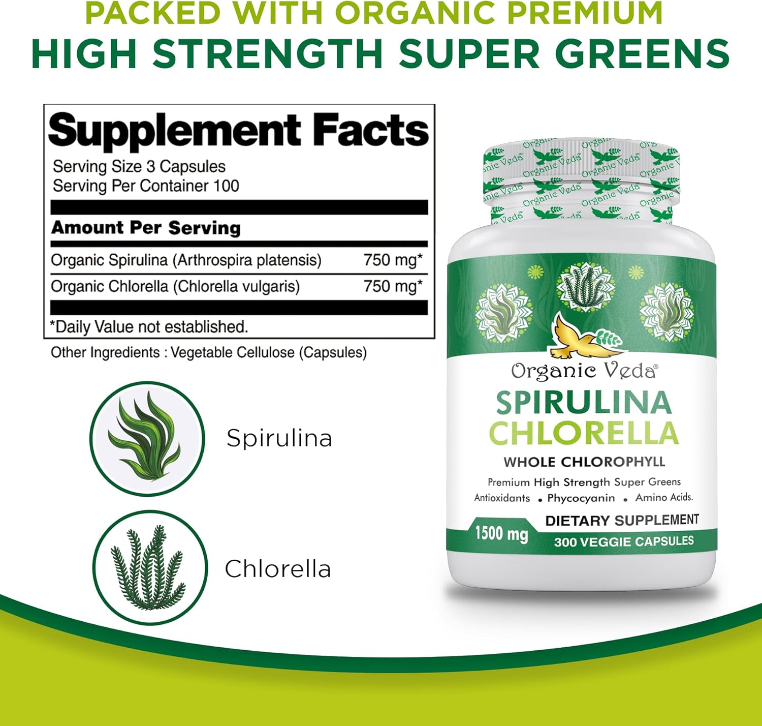 300 Count Organic Veda Spirulina & Chlorella Capsules - 1500mg Super Green Antioxidants for Immunity & Energy Boost - Rich in Phycocyanin & Amino Acids - Digestion Support