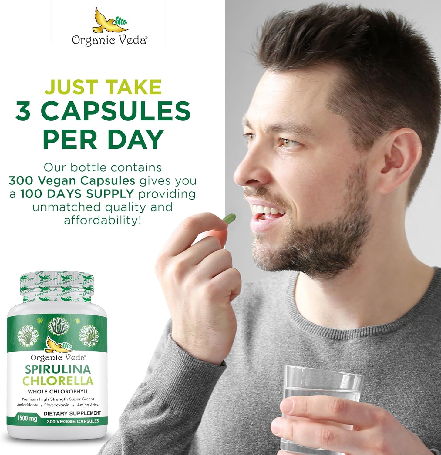 300 Count Organic Veda Spirulina & Chlorella Capsules - 1500mg Super Green Antioxidants for Immunity & Energy Boost - Rich in Phycocyanin & Amino Acids - Digestion Support