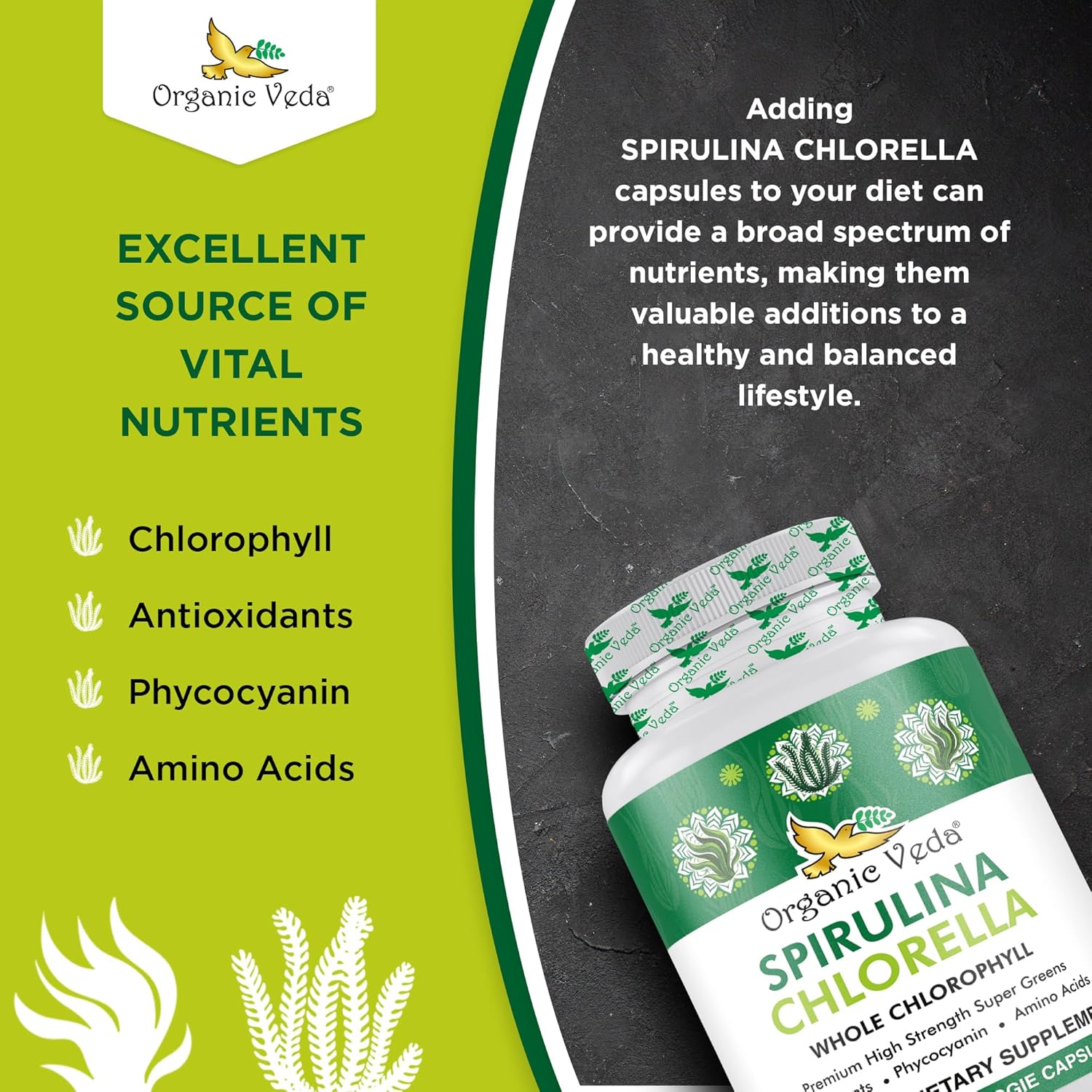 300 Count Organic Veda Spirulina & Chlorella Capsules - 1500mg Super Green Antioxidants for Immunity & Energy Boost - Rich in Phycocyanin & Amino Acids - Digestion Support