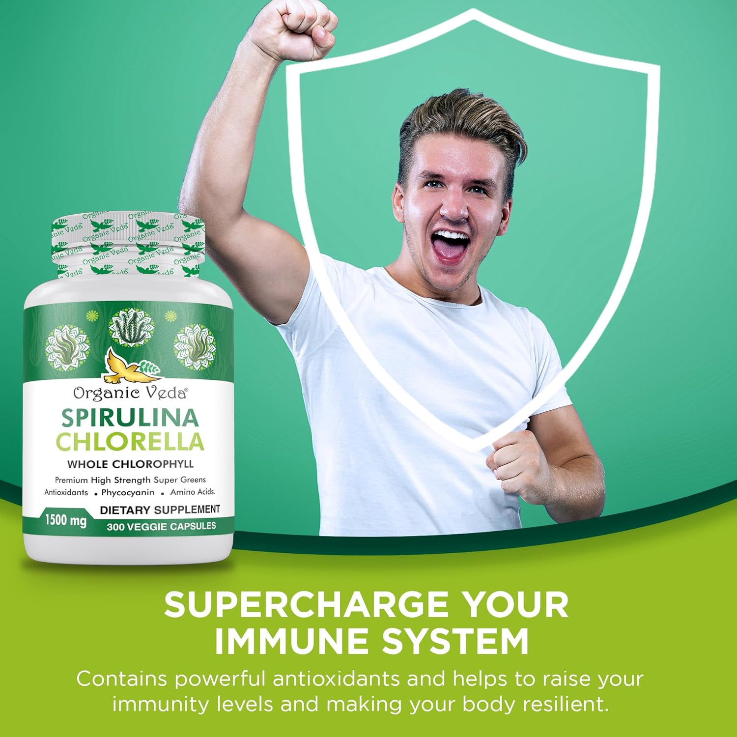 300 Count Organic Veda Spirulina & Chlorella Capsules - 1500mg Super Green Antioxidants for Immunity & Energy Boost - Rich in Phycocyanin & Amino Acids - Digestion Support