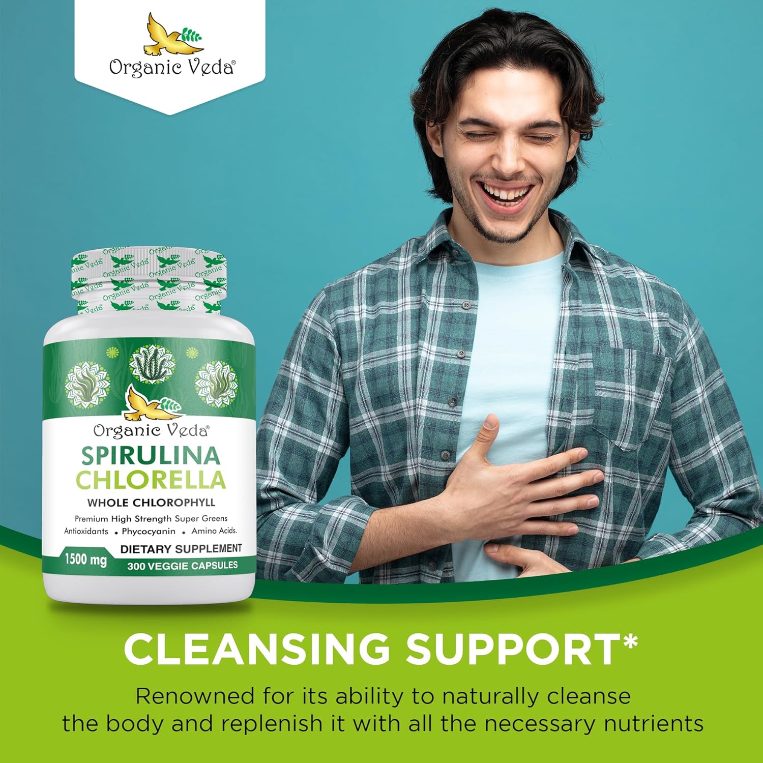 300 Count Organic Veda Spirulina & Chlorella Capsules - 1500mg Super Green Antioxidants for Immunity & Energy Boost - Rich in Phycocyanin & Amino Acids - Digestion Support