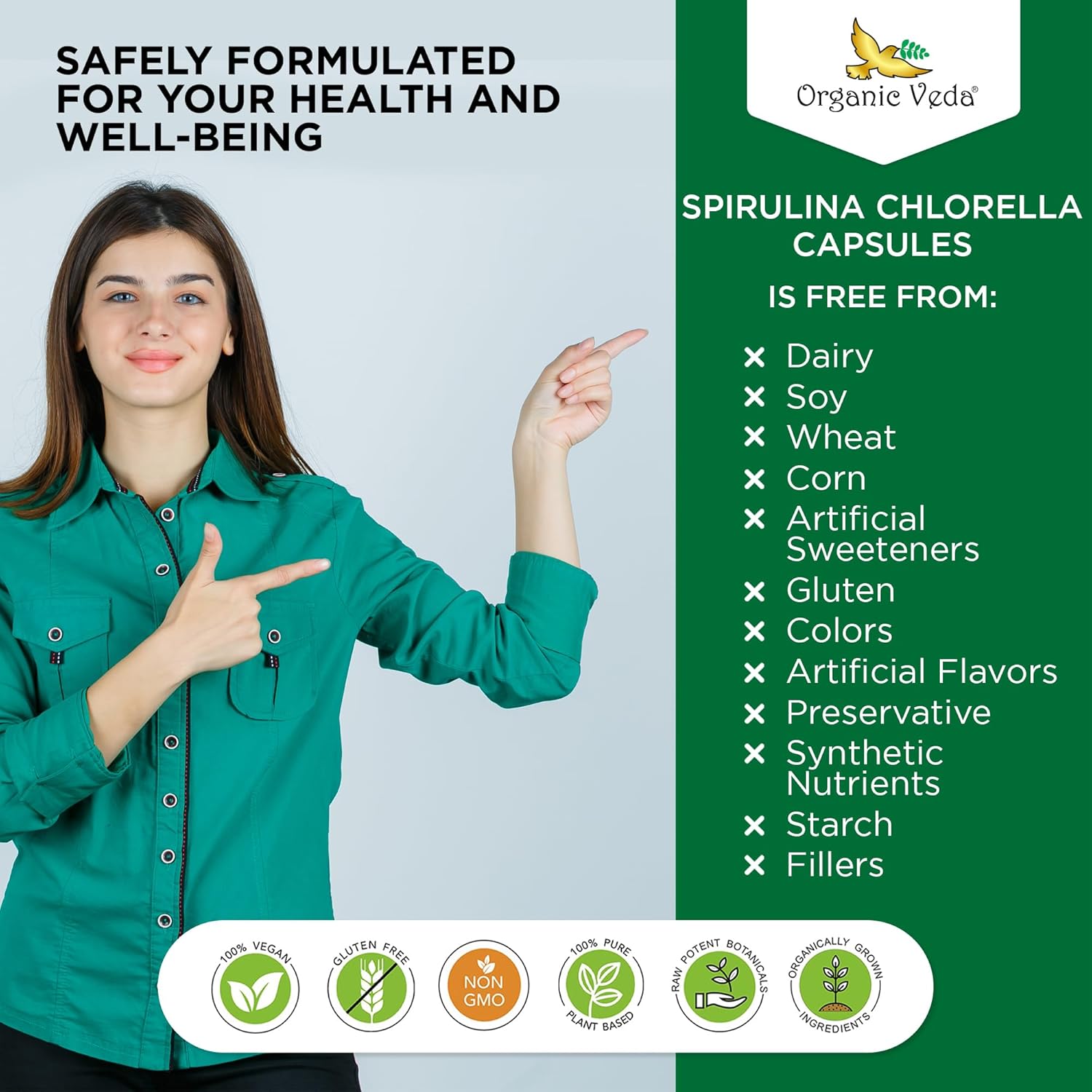 300 Count Organic Veda Spirulina & Chlorella Capsules - 1500mg Super Green Antioxidants for Immunity & Energy Boost - Rich in Phycocyanin & Amino Acids - Digestion Support