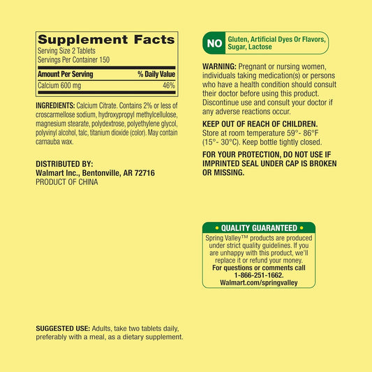 300 Count Spring Valley Calcium Citrate Tablets Dietary Supplement - 600 mg Formula by Maker Explorador - Private Label Gift Card Included
