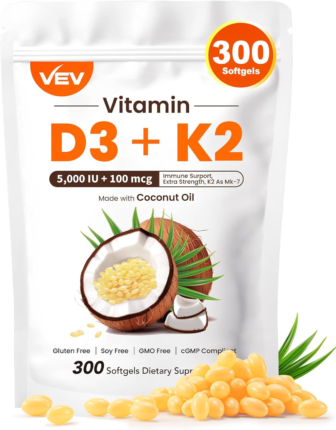 300 Softgels VEV Vitamin D3 K2 Supplement with Coconut Oil, 5000 IU D3 100mcg K2 (MK 7), Promotes Bone Health and Calcium Absorption, Easy-to-Swallow Formula