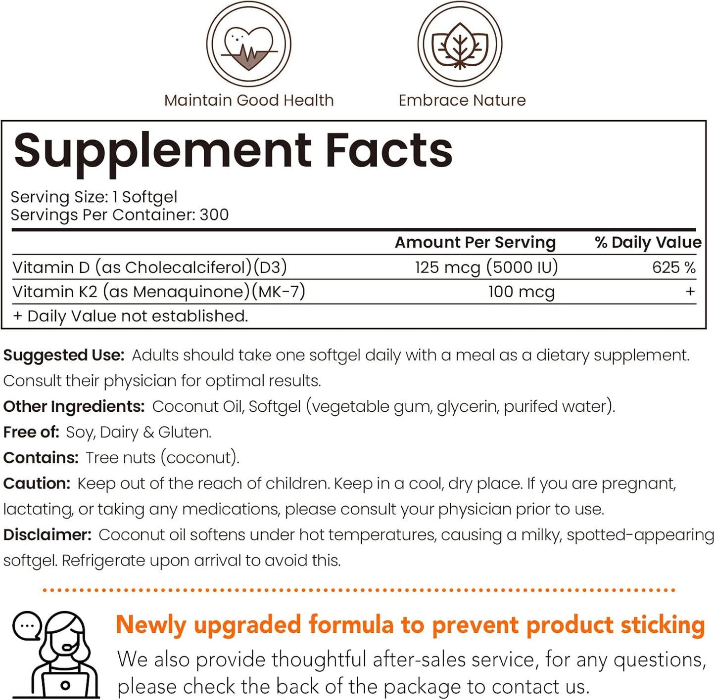 300 Softgels VEV Vitamin D3 K2 Supplement with Coconut Oil, 5000 IU D3 100mcg K2 (MK 7), Promotes Bone Health and Calcium Absorption, Easy-to-Swallow Formula