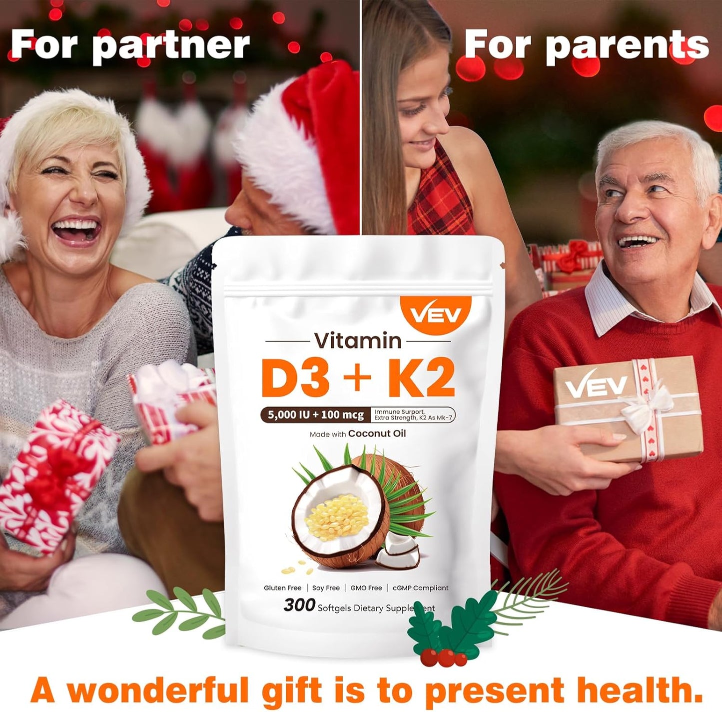 300 Softgels VEV Vitamin D3 K2 Supplement with Coconut Oil, 5000 IU D3 100mcg K2 (MK 7), Promotes Bone Health and Calcium Absorption, Easy-to-Swallow Formula