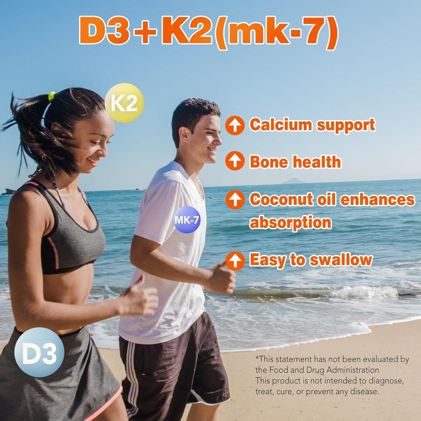 300 Softgels VEV Vitamin D3 K2 Supplement with Coconut Oil, 5000 IU D3 100mcg K2 (MK 7), Promotes Bone Health and Calcium Absorption, Easy-to-Swallow Formula