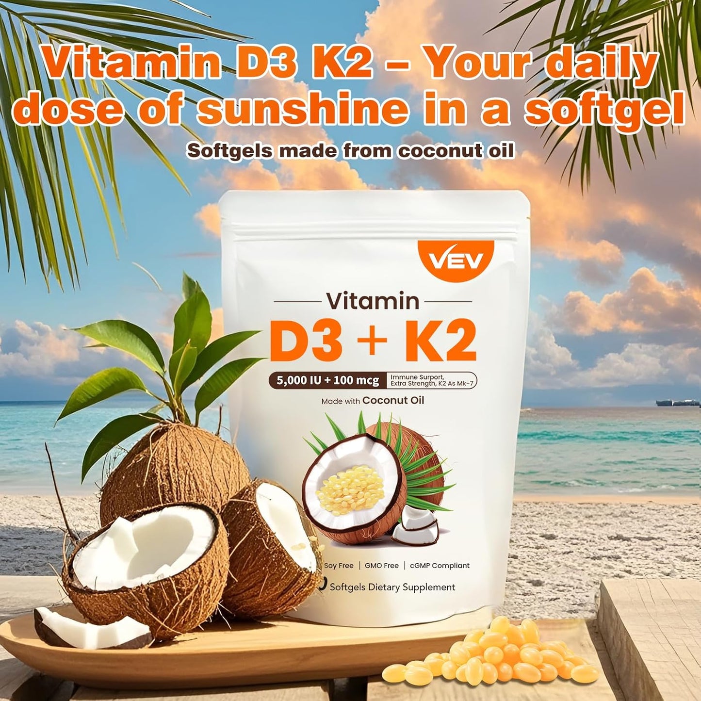 300 Softgels VEV Vitamin D3 K2 Supplement with Coconut Oil, 5000 IU D3 100mcg K2 (MK 7), Promotes Bone Health and Calcium Absorption, Easy-to-Swallow Formula