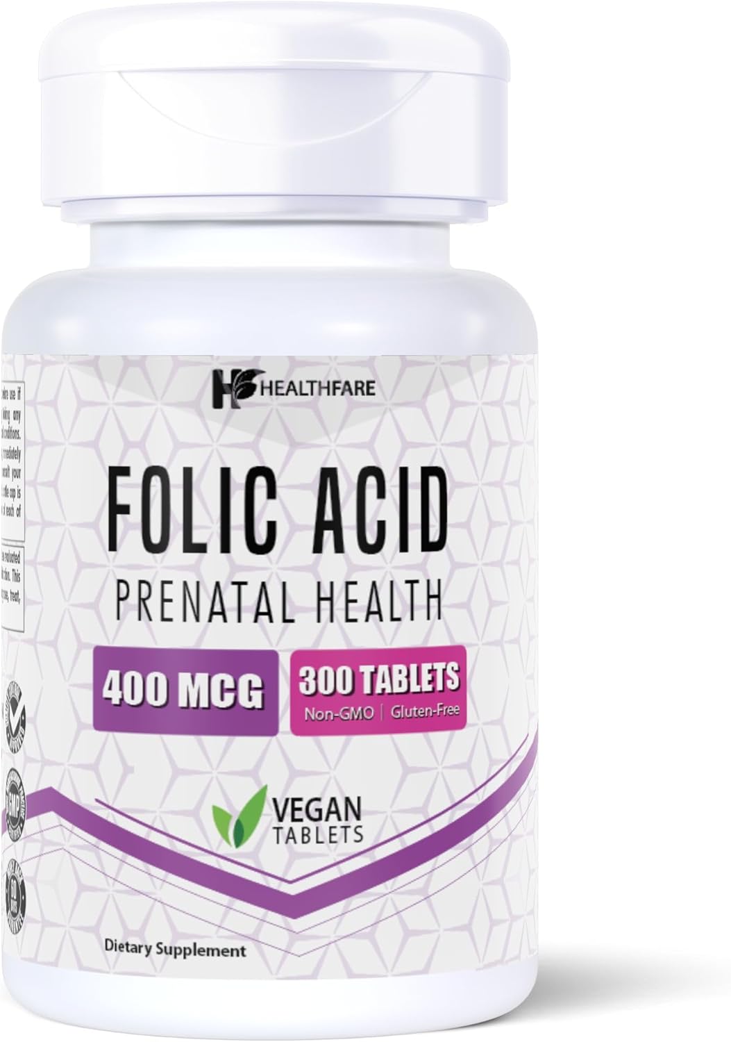 300 Tablets Healthfare Folic Acid 400mcg Folate Vitamin B9 Gluten-Free Non-GMO Supplement
