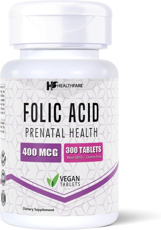 300 Tablets Healthfare Folic Acid 400mcg Folate Vitamin B9 Gluten-Free Non-GMO Supplement