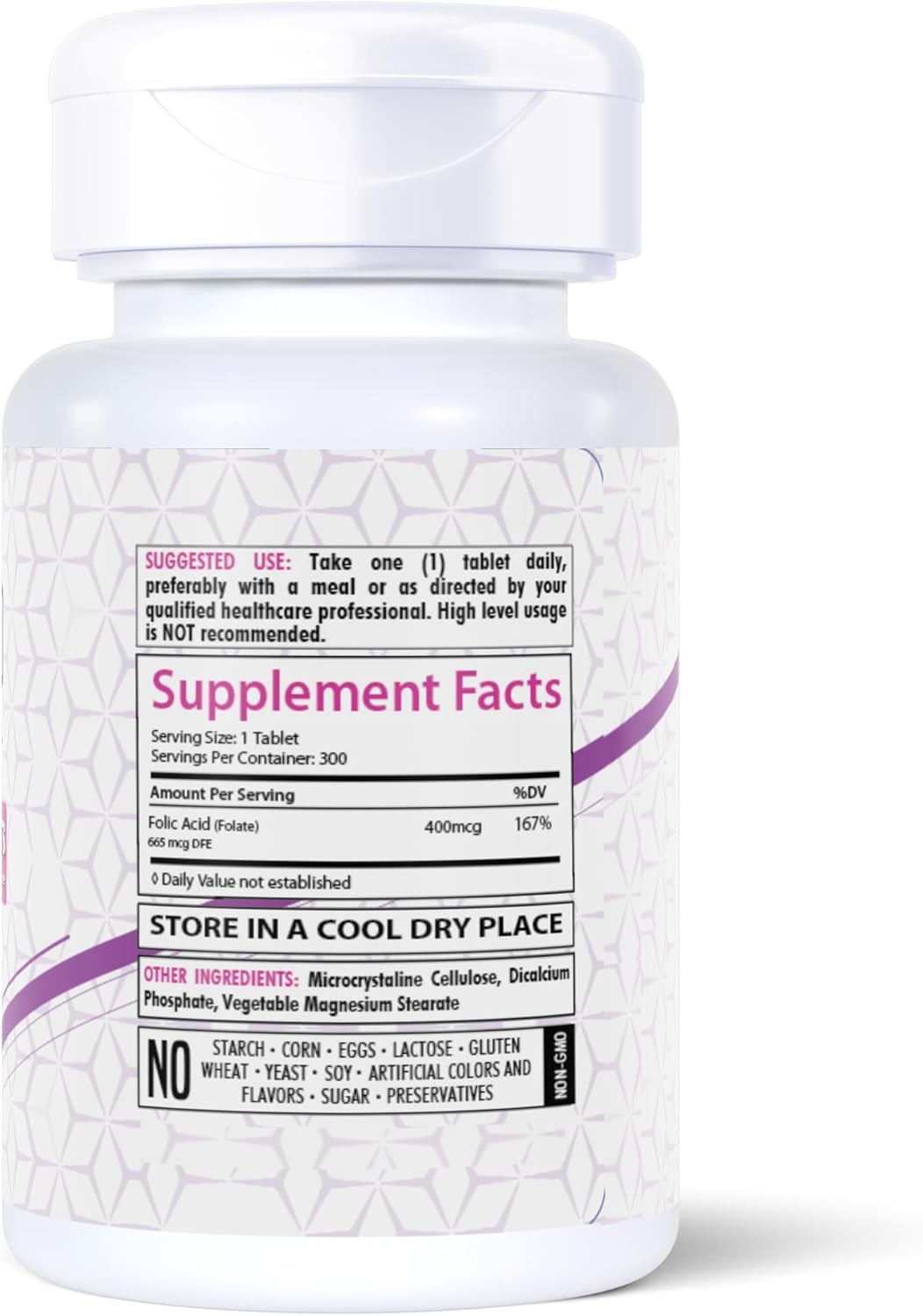 300 Tablets Healthfare Folic Acid 400mcg Folate Vitamin B9 Gluten-Free Non-GMO Supplement