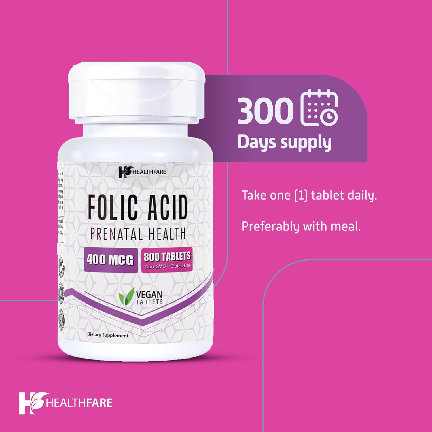 300 Tablets Healthfare Folic Acid 400mcg Folate Vitamin B9 Gluten-Free Non-GMO Supplement