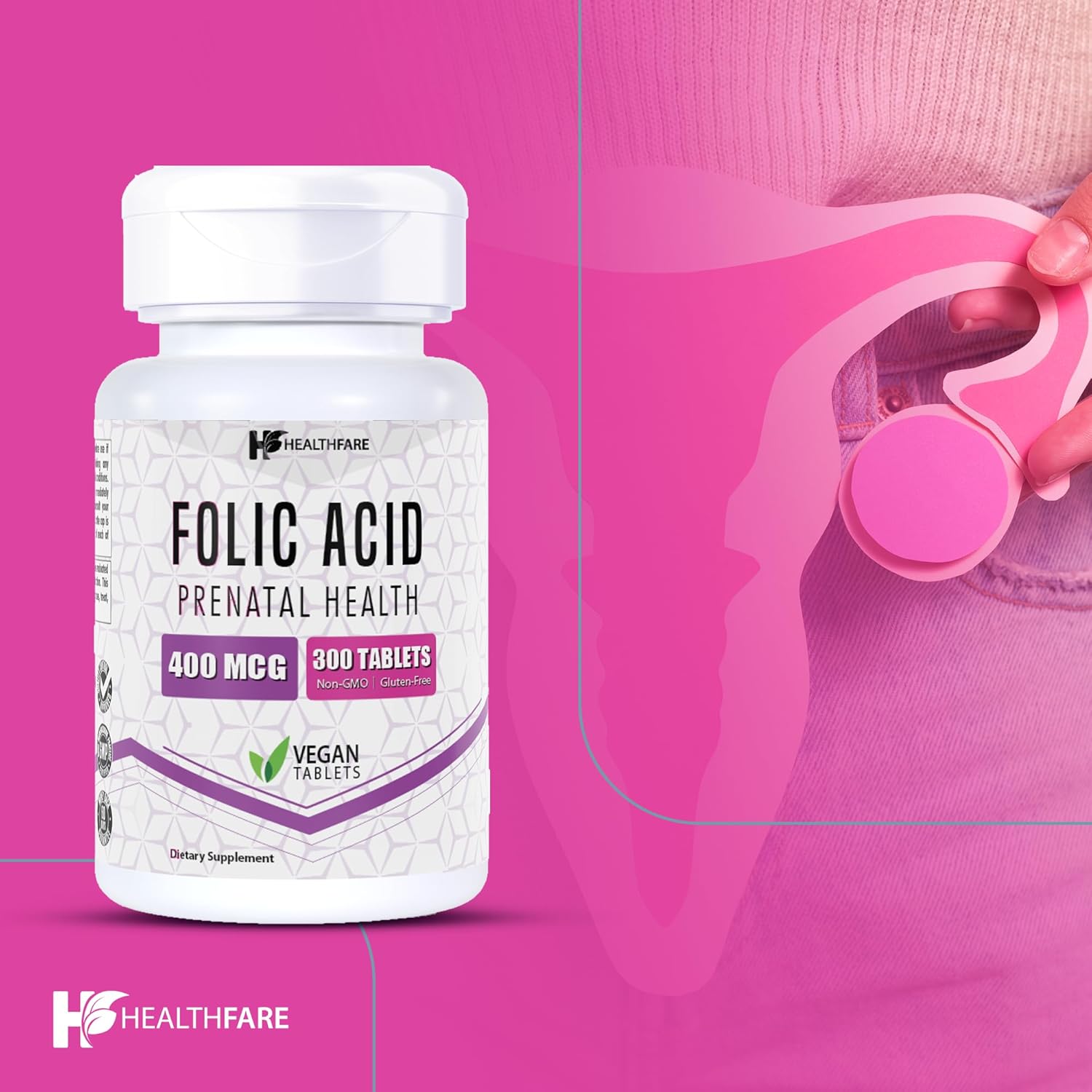 300 Tablets Healthfare Folic Acid 400mcg Folate Vitamin B9 Gluten-Free Non-GMO Supplement