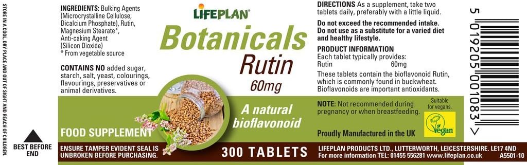 300 Tablets of Lifeplan Rutin 60mg for Cardiovascular Health and Circulation Support