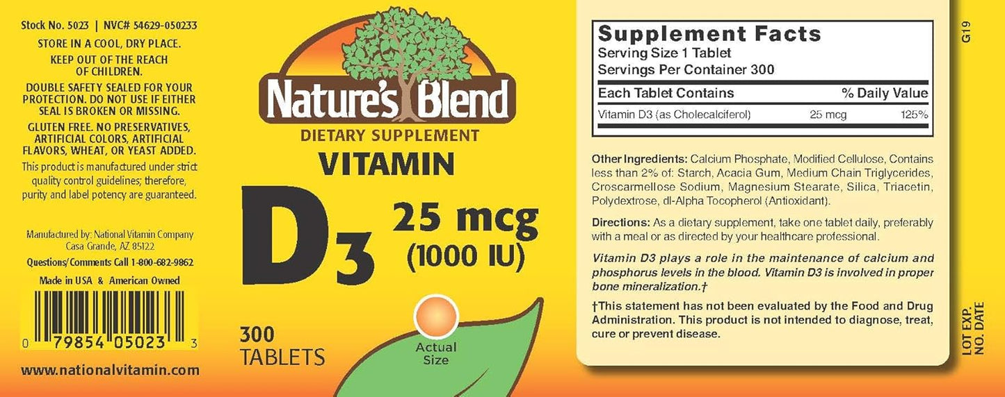 300 Tablets of Nature's Blend Vitamin D3 1000 IU - Immune Support and Bone Health Booster