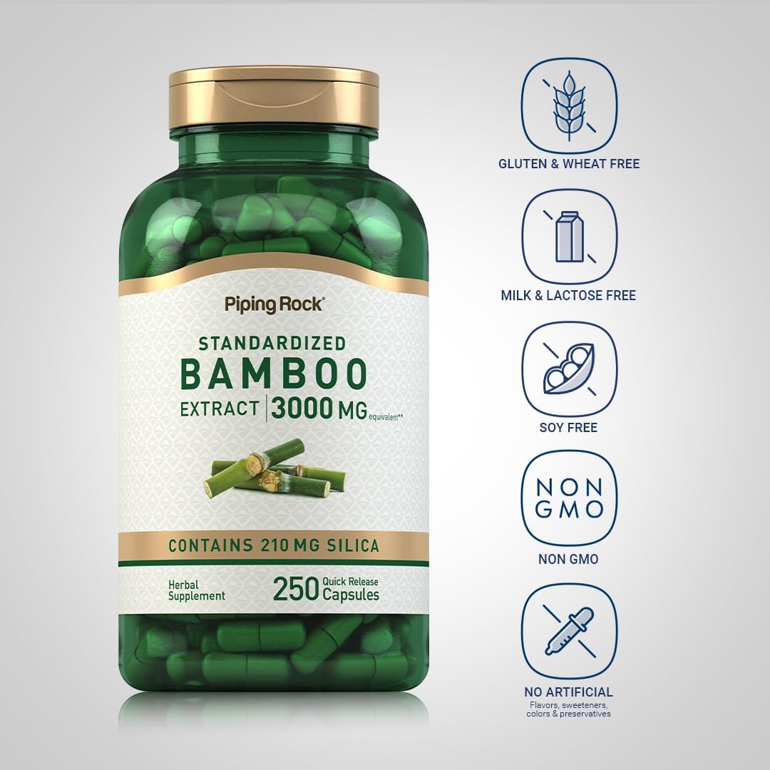 3000mg Bamboo Extract Capsules - 250 Count Herbal Supplement with 210mg Silica - Non-GMO & Gluten Free
