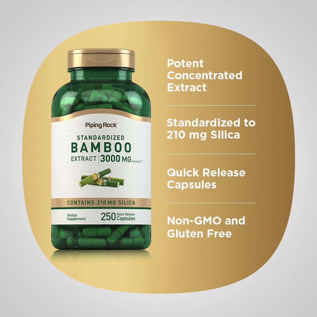 3000mg Bamboo Extract Capsules - 250 Count Herbal Supplement with 210mg Silica - Non-GMO & Gluten Free